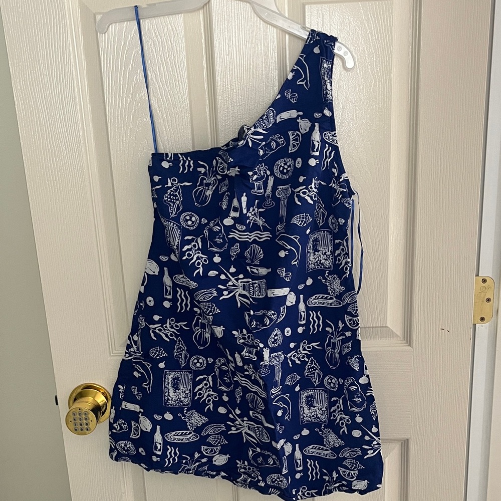 Blue One-Shoulder nautical print dress. This is a woman’s Size 8.
